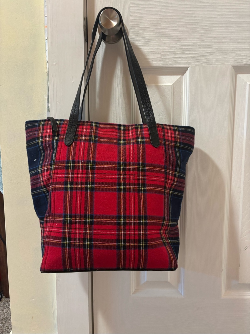 J Jill Red Plaid Tote Bag with Black Handles